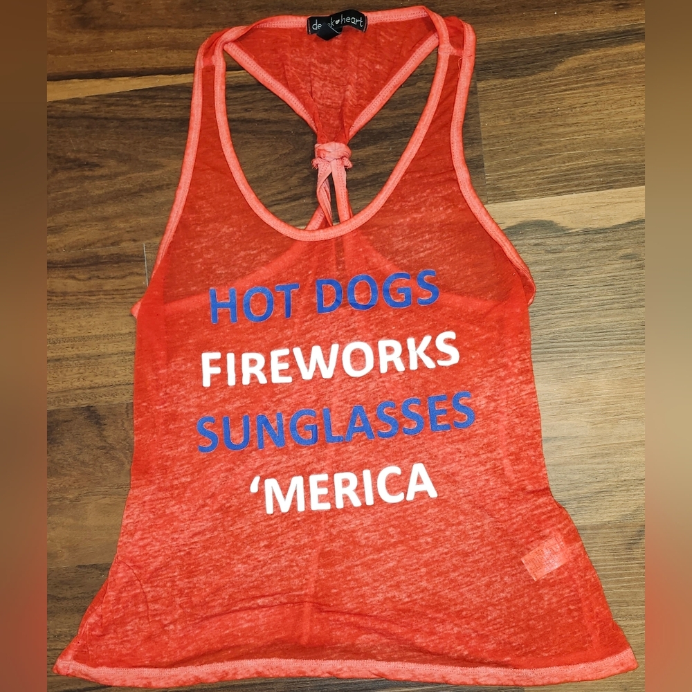 NWOT Womens Sz M Derek Heart Sheer Red Graphic Tank Top with Knotted Racerback